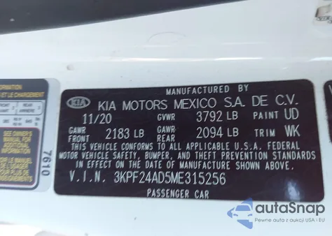 2021 Kia Forte Lxs из США, поврежденный, VIN 3KPF24AD5ME315256